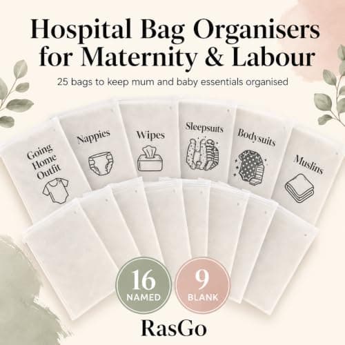 RasGo Hospital Bag Organisers for Maternity & Labour – 25 Pack Waterproof Ziplock Pouches Labelled & Blank – Mum & Newborn Baby Hospital Packing Set — view 2