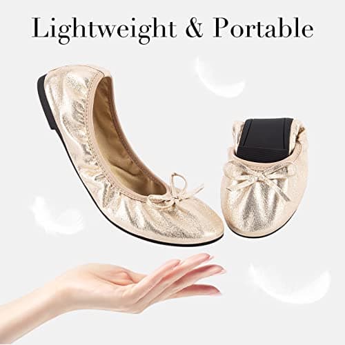 Greatonu Women's Ballet Pumps Comfort Foldable Portable Travel Slip on Slipper Bow Tie Flats Shoes Gold UK 5 — view 6