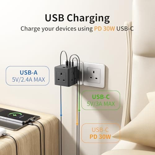 PD 30W Plug Extension Socket with 4 USB, Multi Plug Adapter UK, USB Wall Plug Charger, 3 Pin Plug Expander — view 2