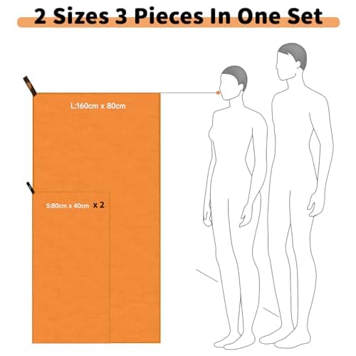Pameil Microfibre Towel,3 Set(80 x 40cm x2 +160 x 80cm) Large Microfibre,Quick Dry Towel,Gym Workout Travel Swimming Beach Camp Outdoor Hiking (Orange) — view 3