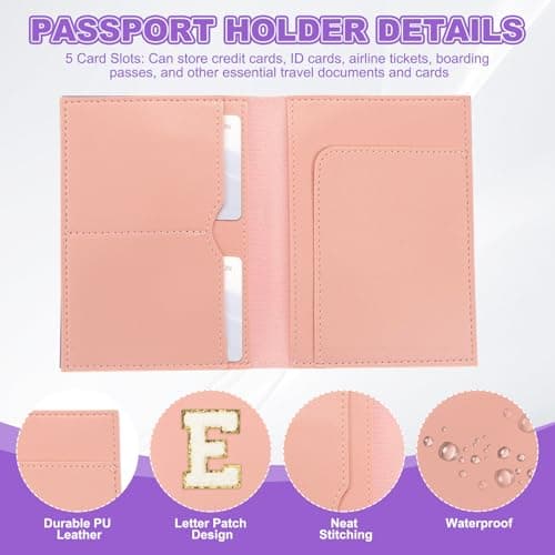 PATIKIL Passport Holder for Travel, Initial Passport Cover and Luggage Tag Set with Alphabet Chenille Letter Patch Travel Wallet Bag Suitcase Identifier for Women Family Travel Pink E — view 3
