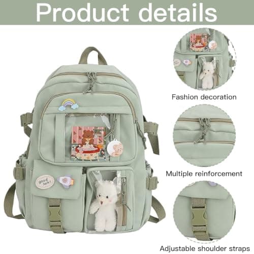 School Bags for Girls Cute Backpack with Bear Pendant Large Capacity Kawaii Rucksack with Cartoon Pin and Card Aesthetic Multi Pocket School Bag Back to School Teenage Secondary Primary Middle Pink — view 4