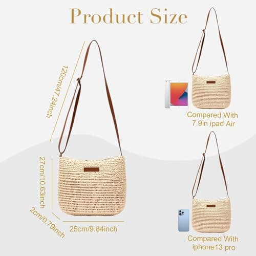 Businey Straw Bag for Women, Summer Straw Beach Crossbody Bags for Women with Zipper Adjustable Strap, Bohemian Weave Handmade Shoulder Handbags for Holiday Beach Travel — view 3