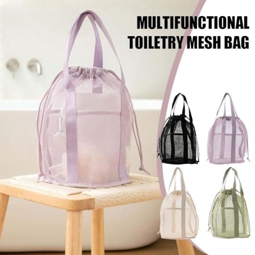 Mesh Shower Caddy Portable Hanging Bag with Drawstring & External Pocket, Sandproof Travel Beach Tote for Gym Camping Dorm College, Bathroom Toiletry Organizer for Men Women (Purple) — view 2