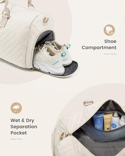 LOVEVOOK Travel Bags Gym Bag for Women, Weekend Hand Luggage Duffel Bag with Shoe Compartment & Wet Pocket for Sports, Waterproof Carry On Holdall for Plane Cabin, Large Hospital Overnight Bags, Beige — view 4