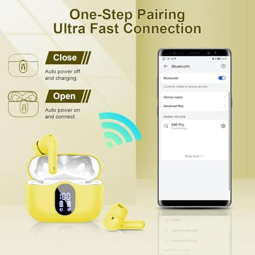 Btootos Wireless Earbuds, Bluetooth 5.4 Headphones In Ear with 4 ENC Noise Cancelling Mic, New Bluetooth Earbuds Mini Deep Bass Stereo Sound, 36H Playtime LED Display Wireless Earphones Yellow — view 5