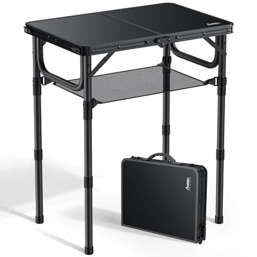Anbte Folding Camping Table with Storage Net, 3 Adjustable Heights 2ft Aluminum Small Folding table, Lightweight Outdoor table, Portable Handle for Travel, Picnic, Camping, 60cm x 40cm, Pure Black