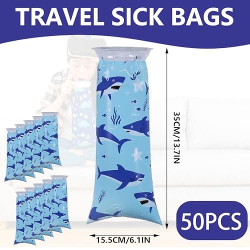 50Pcs Sick Bags with Cartoon Pattern, Disposable Vomit Bags for Travel, Leakproof Sickness Bags Barf Bags for Nausea and Vomiting for Children and Adults, Sky Blue Shark — view 2
