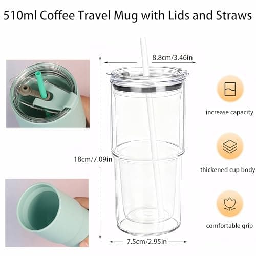 Yisituo Coffee Travel Mug, 2 Pack 510ml Reusable Plastic Cups, Drink Cups with Lids and Straws, Insulated for Hot & Cold Drinks, Car Cup Holder Compatible (2, Clear) — view 2