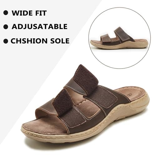 ISQFIQ Wide Fit Mens Sliders Sandals, Real Leather Walking Sandal with Adjustable Strap, Open Toe Indoor Outdoor Mules Shoes for Summer Casual Travel Hiking Beach Trekking Fisherman Light Brown UK 7 — view 5
