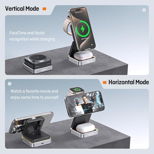 【2026 Upgraded】Magnetic Wireless Charger 3 in 1, Travel Foldable Wireless Charging Station with Night Light for Apple MagSafe Charger, Nightstand Fast 15W Charging Station (20W Adapter) — view 4