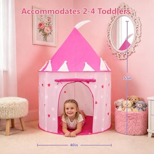 ROIWUIE Princess Castle Pop Up Tent – Kids Pink Playhouse Tent for Girls with Glow in The Dark Stars, Indoor/Outdoor Foldable Pink Play Tent Fabulous Gift for Little Girls — view 2