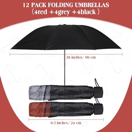 Hillban Set of 12 Windproof Travel Umbrella Folding Umbrella Bulk Rain Umbrellas Portable Travel Umbrellas Strong Compact Umbrella for Wind Rain Sun Car Backpack Men Women(Red, Black, Grey) — view 2