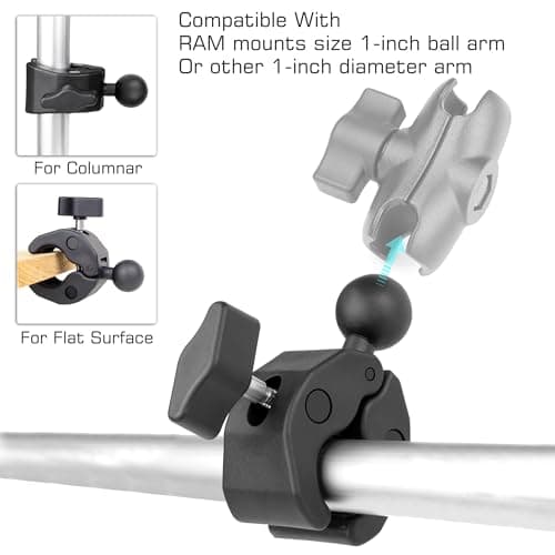 GEPULY 1''/25mm Ball Clamp Mount Compatible with Handlebar Rail 20-50mm in Diameter, Fit for RAM Mounts B Size 1Inch Ball Double Socket Arm Round/Square/Odd-Shaped Bar Bike Motorcycle Phone Holder — view 4