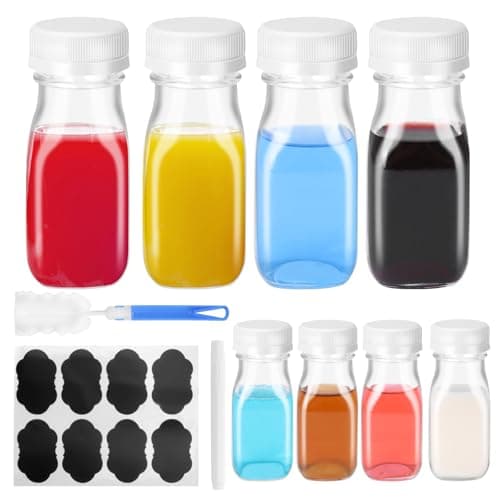 Eidoct Glass Shot Bottles with Lids 8 Pack 100ml - Reusable Clear Small Glass Bottles Complete Gift-Ready Kit (Labels, Funnel & Brush) for Travel, Homemade Beverages, Milk, Juice & Ginger Storage