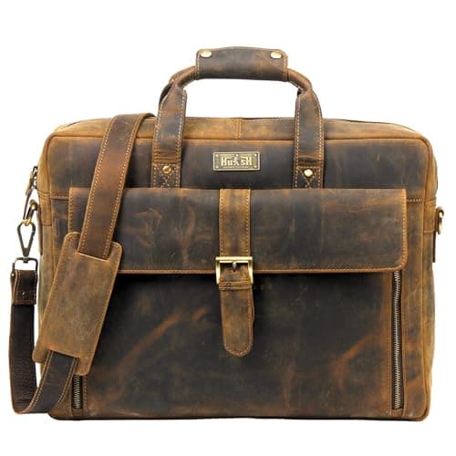 HULSH Genuine Leather Briefcase for Men 17 Inches Computer Bag | Business and Office Messenger Satchel Work Briefcase, Dark Brown