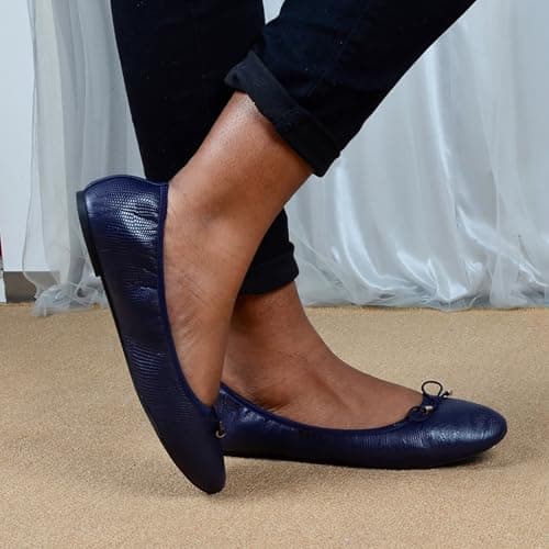 Ladies' Foldable Ballet Flats Portable Roll-Up Flat Shoes with Bowknot Leather Lightweight Slip-On Wedding & Party Dance Shoes Comfortable Round Toe Design Compact Travel Footwear Navy — view 3