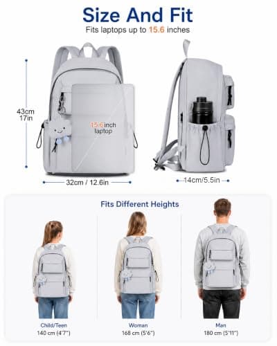 FIORETTO Backpack Womens School Bag Girls Boys, Lightweight Water-Resistant Fits 15.6” Laptop Large Capacity Rucksack with Anti-Theft Pocket, Ideal for School College Commuting Travel Grey — view 6