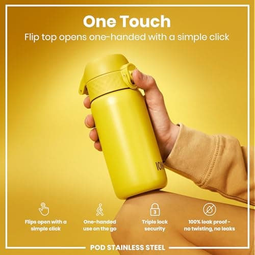 ION8 Lightweight Steel Kids Water Bottle, 400ml/13oz, Non-Insulated, Leak Proof, Easy to Open, Secure Lock, Dishwasher Safe, Fits Cup Holders, Carry Handle, Metal Water Bottle, Yellow — view 3