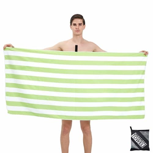 Large Microfibre Beach Towel for Adult,160x90cm Double Side Green Striped Sand Free Beach Towel,Lightweight Quick Dry Travel Swim Towel with Bag,Compact and Thin Sports Towel Yoga Gym for Women Men