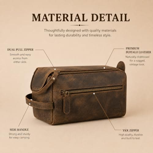 KomalC Premium Buffalo Leather Unisex Toiletry Bag Travel Dopp Kit (Distressed Tan) — view 4