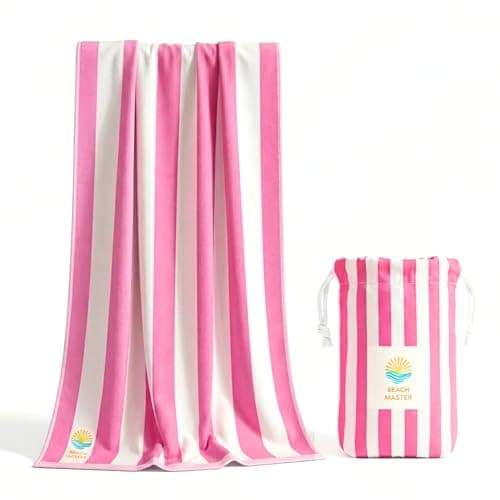 Beach Master Large Microfibre Beach Towel for Adults – Quick Dry & Sand Free Lightweight Travel Towel with Carry Bag, 160 x 80cm – Pink Stripe