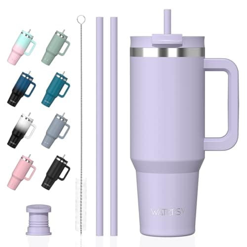 WATERSY 40oz Travel Mug Coffee Cup with 2 Straws, Tumbler Lid and Handle, Stainless Steel Double Wall Vacuum Insulated Coffee Water Bottle Thermal for Cold Hot Coffee 1182ml Purple