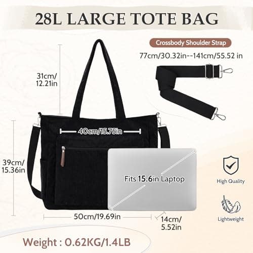 Kasgo Corduroy Tote Bag for Women, XXL 15.6" Laptop Work College Bag, Black — view 2