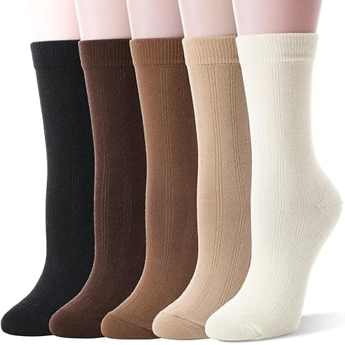 MOGGEI Womens Thin Merino Wool Socks Warm Winter Soft Cosy Breathable Crew Boot Socks for Everyday Wear 5 Pairs, UK Shoe Size 7-11 Stocking Fillers(Khaki/Coffee/Beige/Black)