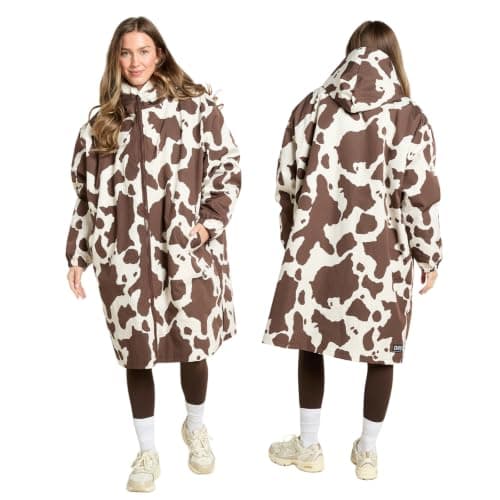 OHS Women's Jackets Changing Robe, Cow Print Oversized Waterproof Jacket Fleece Lining Rain Coats for Women with Hood & Pockets Drying Robe Ladies Jackets for Outdoor Travel, Brown/Cream - S/M