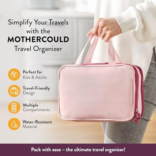 Kids Travel Organizer – Multi-Compartment, Water-Resistant Hanging Bag for Toys, Snacks, & Activities - Compact, Lightweight Design with Hook & Carry Handle - Perfect for Travel Use (Pink, Small) — view 2