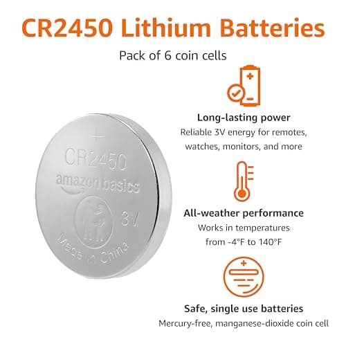 Amazon Basics 6-Pack CR2450 Lithium Coin Cell Battery, 3 V, Long-Lasting Power, Mercury-Free, Child-Safe Package (Use Scissors to Open) — view 2