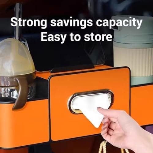 2026 Upgraded 4 in 1 Car Back Seat Organiser, Universal Headrest Car Storage Organiser with Dual Cup Holders, Tissue Box & Phone Holder, for Cars, SUVs, Sedans, Family Travel & Daily Commute (Orange) — view 6