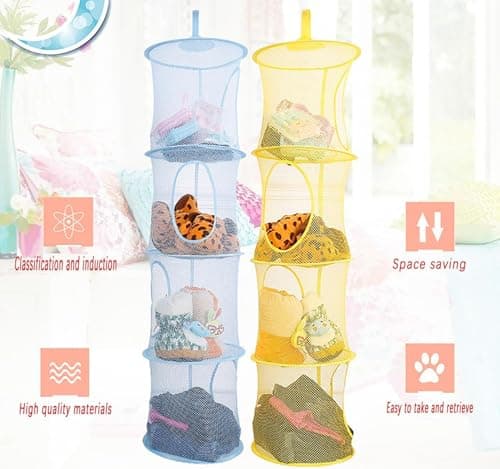 2 Pcs Hanging Mesh Space Saver, 4 Compartment Foldable Hanging Toy Storage Organizer Large Teddy Bear Storage Net Bag Basket for Kids Room Bathroom Balcony (Yellow&Blue) — view 3