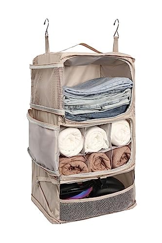 ELEZAY Hanging Packing Cubes Portable Closet 3-Shelf Travel Collapsible Compression Garment Organiser for Carry-on Luggage Suitcase Space Saver Bag X-Large_No Side Pockets, Beige