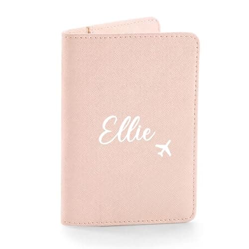 eBuyGB Personalised Passport Holder, Custom Name Passport Cover Travel Wallet, Faux Leather Travel Document Holder, Holiday, Honeymoon & Destination Wedding Gift for Her (Soft Pink)