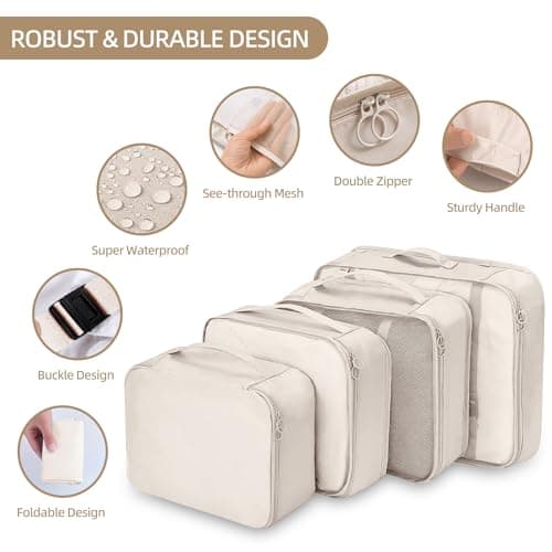 12Pcs Packing Travel Cubes for Suitcase Luggage Organizers with 5 Drawstring Bags,Suitcase Organiser Bag with Waterproof Shoe Storage Bag Compression Pouches Beige — view 2