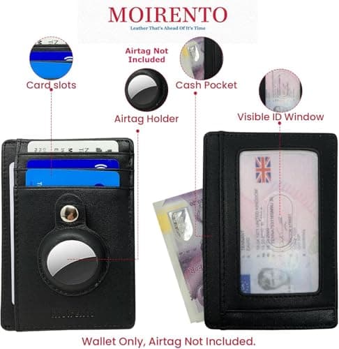 MOIRENTO AirTag Wallet - RFID Blocking Full Grain Leather for Men & Women - 5 Card Slots, Banknote Holder, Secure Unisex Adults - Black Leather Minimalist Design — view 3