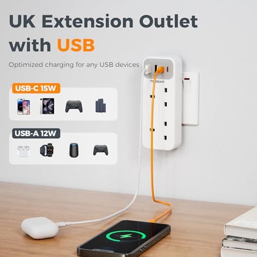TESSAN Double Plug Adapter UK with 2 USB C, Multi Plug Extension Socket — view 3
