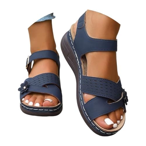 Orthopedic Sandals for Women UK Plantar Fasciitis Comfort Wedge Sandals Open Toe Ankle Strap Sandal Summer Wide Fit Cushion Walking Shoes Ladies Casual Summer Sandal with Arch Support 2-Navy, 5