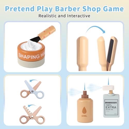 FIIOEOY Wooden Hairdresser Set for Kids Role Play Toys Kids Barber Shop Playset Hairdressing Set, Educational Montessori Hair Salon Pretend Play Kit Gift for 3 4 5 Year Olds Boys Girls — view 4