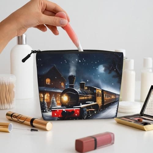 Winter Christmas Snow Night Railway Train Versatile Travel Makeup Bag Travel Pouch with Zipper Accessories Organizer — view 6