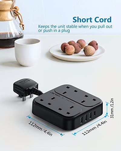JSVER Extension Lead with 4 USB Ports Plug Extension with 4 Outlets (3250W) and 1 USB C Port,3 USB A Ports Power Socket Surge Protection for Home Travel, Black — view 5