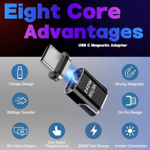 IVIVTOR USB C Magnetic Adapter - 2 Pack 240W Type C Magnet Connector 24 pin with 80Gbps & 8K Ultra-Fast Charging and High-Speed Data Transfer Suitable for Laptop Tablet Phone - Black — view 2