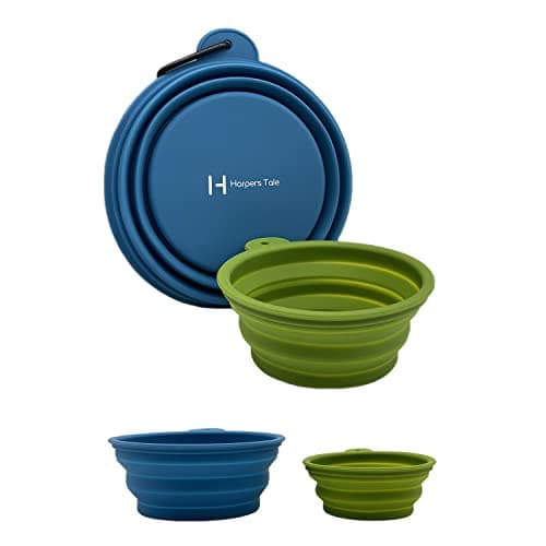 H HARPERS TALE Two Pack, Medium & Large Bowls 400ml 1000ml, Collapsible Travel Dog Food Water Bowls, Safe Silicone, Integrated Mold, No Plastic Rim, Carabiner Clip, BPA-Free, Steel Blue & Moss Green