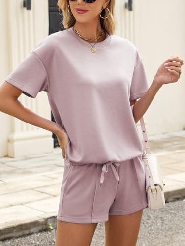 Famulily Ladies Lounge Wear Sets UK Short Sleeve 2 Piece Outfits Travel Tracksuit Oversized T-Shirt Summer Shorts with Pockets (L, Purple) — view 4