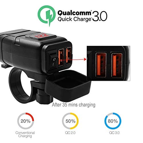 Kriogor Motorcycle Car Charger, QC 3.0 USB Socket and 6-30V LED Voltmeter, IP65 Waterproof Motorbike USB Adapter with On-Off Switch for 12V Boat Marine SUV (Blue) — view 3