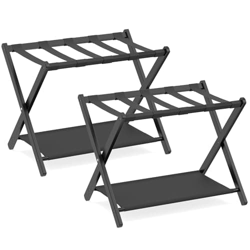 COSTWAY Bamboo Luggage Racks Set of 2, Folding Suitcase Stand with Straps and Oxford Cloth Storage Shelves, Portable Backpack Luggage Holder for Guest Room, Bedroom, Hotel, 68x46x53cm (Black)