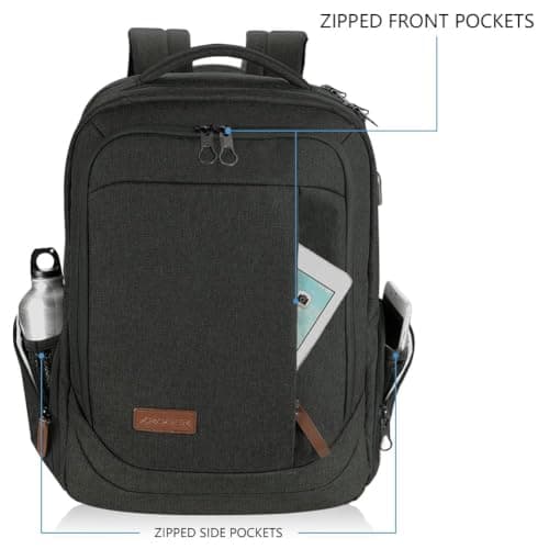 KROSER Laptop Backpack Large 17.3 Inch School Travel Computer Backpack for Laptop with USB Charging Port Water-Resistant Casual Daypack for Business College Work Bag Men Women, Black — view 2