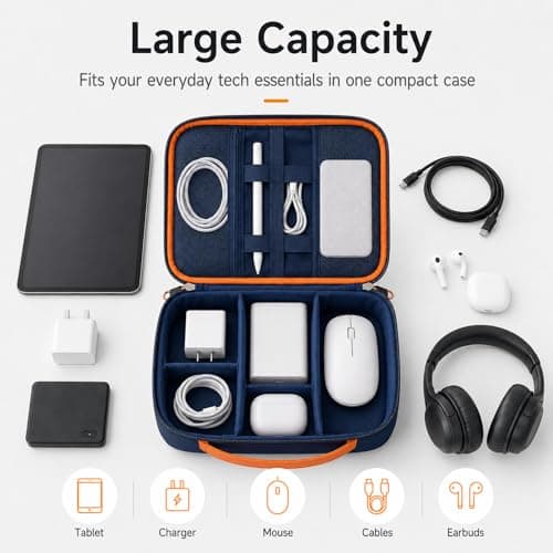 FAVORTALK Cable Organiser Bag Travel Portable Electronics Accessories Storage Bags with Removable Bulkhead for Gadgets Cables Charger Adapter Power Bank Hard Disk 24.5×29×10cm, Navy Blue B21606 — view 6